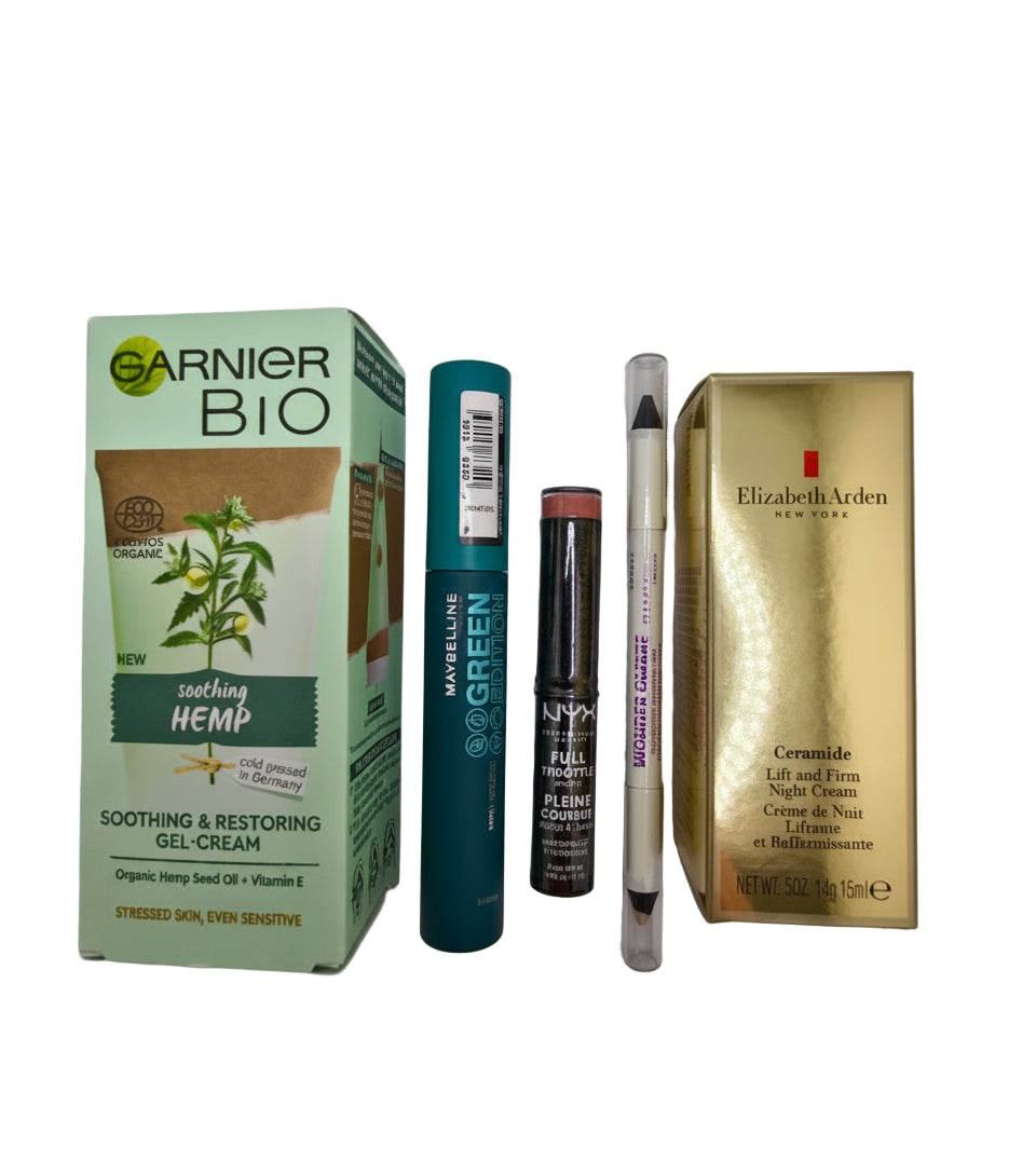 Collection of skincare products including Garnier Bio, Maybelline Green, and Elizabeth Arden on a gray background