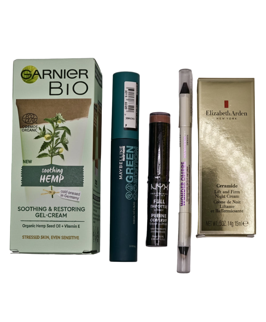 Collection of skincare and makeup products including Garnier Bio, Maybelline, NYX, and Elizabeth Arden on a gray background.